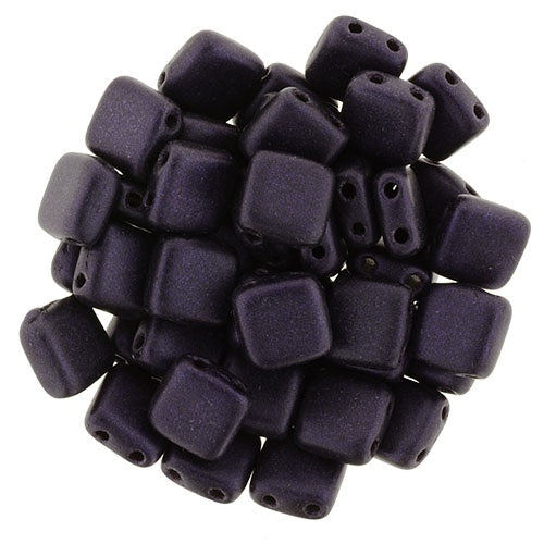 Czechmate 6mm Square Czech Two Hole Glass Tile Bead, Metallic Suede Dk Purple, 25 pieces