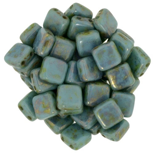Czechmate 6mm Square Czech Two Hole Glass Tile Bead, Luster Transparent Gold/Turquoise, 25 pieces
