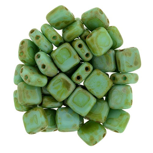 Czechmate 6mm Square Czech Two Hole Glass Tile Bead, Turquoise Picasso, 25 pieces