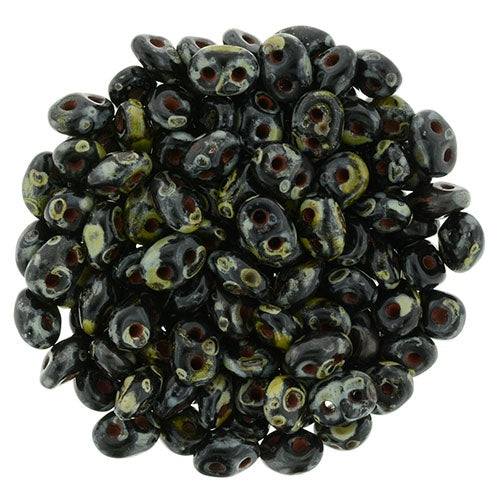 Superduo, Jet Picasso, 2-Hole Czech Glass Bead, 8 grams