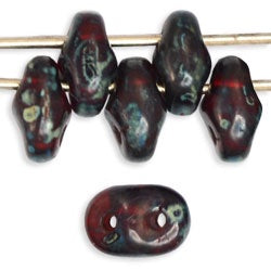 Superduo, Siam Ruby Picasso, 2-Hole Czech Glass Bead, 8 grams