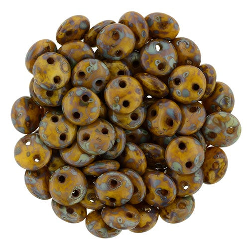 Czechmate 6mm Lentil Czech Two Hole Glass Bead, Sunflower Yellow Picasso, 50 pieces