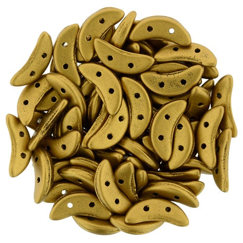 CzechMates Two Hole Crescent Czech Glass Beads, Matte Metallic Antique Gold, 8 grams