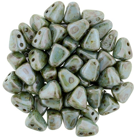 Nib-Bit, Luster Green/Opaque White, 2-Hole Czech Glass Bead, 8 grams