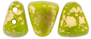 Nib-Bit, Gold Splash Opaque Olivine, 2-Hole Czech Glass Bead, 8 grams