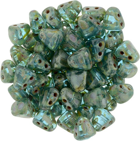 Nib-Bit, Aquamarine Picasso, 2-Hole Czech Glass Bead, 8 grams