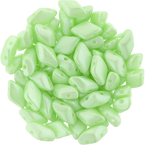 GemDuo, Pearl Coat Light Lime, 2-Hole Diamond Shaped Czech Glass Bead, 7.5 grams