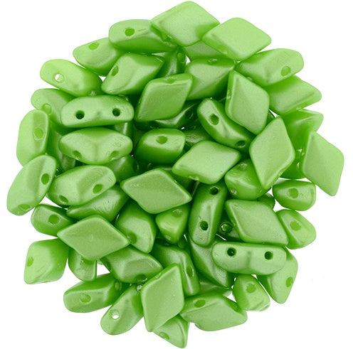 GemDuo, Pearl Coat Leafy Green, 2-Hole Diamond Shaped Czech Glass Bead, 7.5 grams