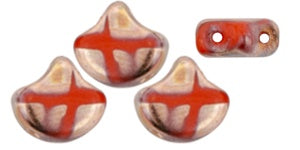 Ginko, Opaque Coral n Full Capri Gold Batic, 2-Hole Czech Glass Bead, 8 grams
