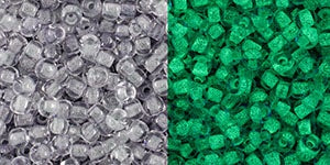 Toho 11/0 Round Japanese Seed Bead, #2725, Glow In The Dark - Gray Crystal/Bright Green, 13 grams