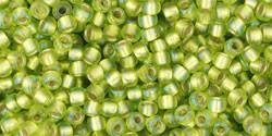 Toho 11/0 Round Japanese Seed Bead, TR11-2024F, Matte Silver Lined AB Light Lime