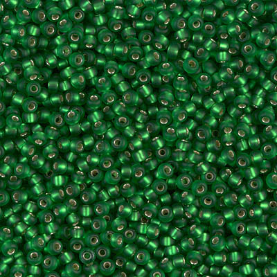 Miyuki 11 Round Seed Bead, 11-16F, Matte Silver Lined Green, 13 grams