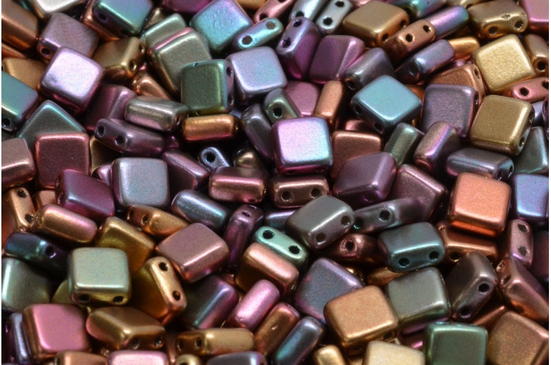 30 2 hole tile beads, jet green iris, 6mm