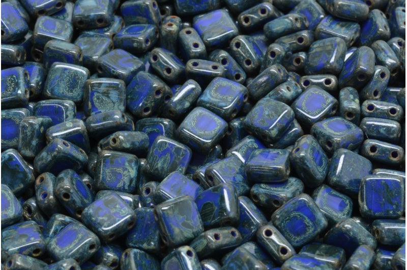 6mm Square Glass Czech Two Hole Tile Bead, Opaque Blue Travertin