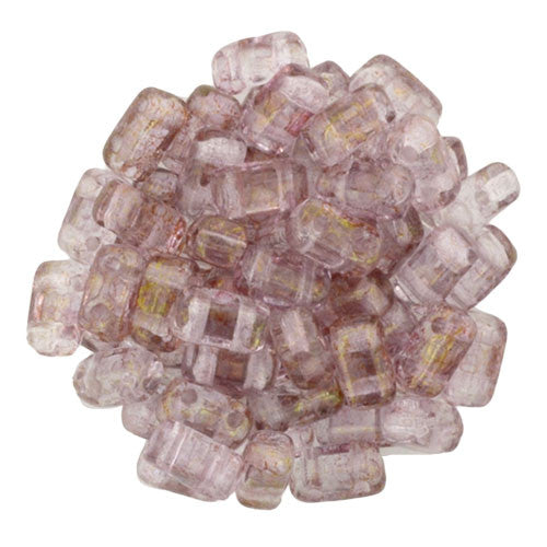 Czechmate 2mm X 6mm Brick Glass Czech Two Hole Bead, Luster Transparent Topaz/Pink - Barrel of Beads