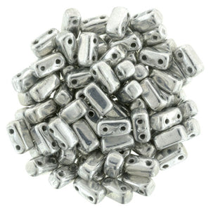 Czechmate 2mm X 6mm Brick Glass Czech Two Hole Bead, Silver - Barrel of Beads