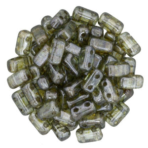 Czechmate 2mm X 6mm Brick Glass Czech Two Hole Bead, Luster Transparent Green - Barrel of Beads