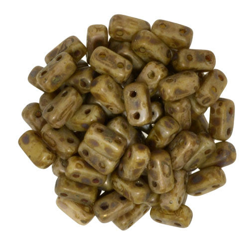 Czechmate 2mm X 6mm Brick Glass Czech Two Hole Bead, Opaque Lt Beige/Copper Picasso - Barrel of Beads