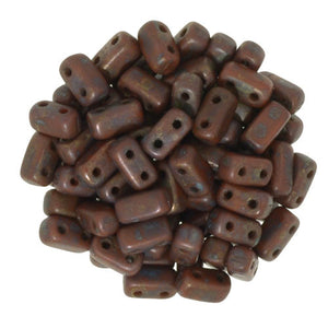 Czechmate 2mm X 6mm Brick Glass Czech Two Hole Bead, Umber/Copper Picasso - Barrel of Beads