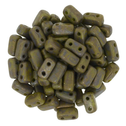 Czechmate 2mm X 6mm Brick Glass Czech Two Hole Bead, Opaque Olive/Copper Picasso - Barrel of Beads