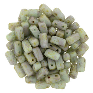 Czechmate 2mm X 6mm Brick Glass Czech Two Hole Bead, Opaque Pale Turq/Copper Picasso - Barrel of Beads