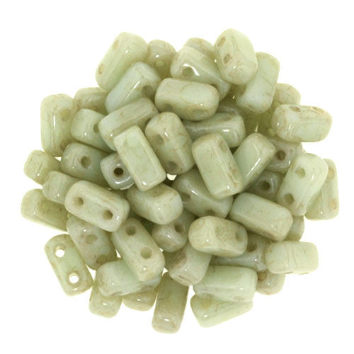 Czechmate 2mm X 6mm Brick Glass Czech Two Hole Bead, Opaque Pale Turq Star Dust - Barrel of Beads