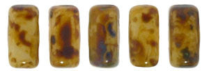 Czechmate 2mm X 6mm Brick Glass Czech Two Hole Bead, Opaque Light Beige Picasso - Barrel of Beads