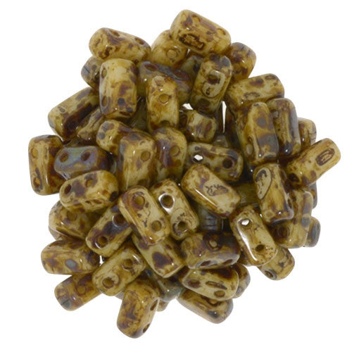 Czechmate 2mm X 6mm Brick Glass Czech Two Hole Bead, Opaque Light Beige Picasso - Barrel of Beads