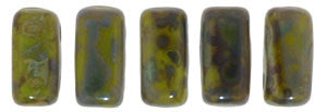 Czechmate 2mm X 6mm Brick Glass Czech Two Hole Bead, Opaque Olive Picasso - Barrel of Beads