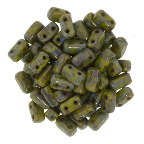 Czechmate 2mm X 6mm Brick Glass Czech Two Hole Bead, Opaque Olive Picasso - Barrel of Beads
