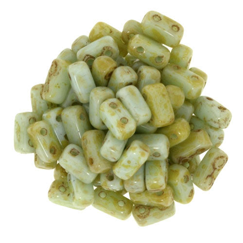 Czechmate 2mm X 6mm Brick Glass Czech Two Hole Bead, Opaque Pale Turq Picasso - Barrel of Beads