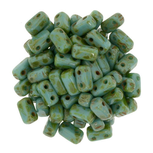 Czechmate 2mm X 6mm Brick Glass Czech Two Hole Bead, Persian Turq Picasso - Barrel of Beads