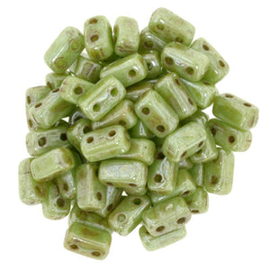 Czechmate 2mm X 6mm Brick Glass Czech Two Hole Bead, Honeydew Luster Picasso - Barrel of Beads