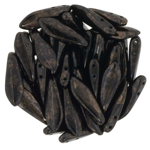 Czechmate 16mm X 5mm X 3mm Dagger Glass Czech Two Hole Bead, Jet Marbled Dark Bronze - Barrel of Beads