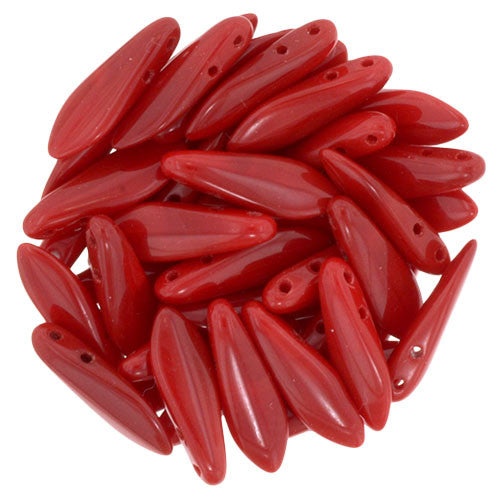 Czechmate 16mm X 5mm X 3mm Dagger Glass Czech Two Hole Bead, Opaque Red - Barrel of Beads