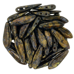 Czechmate 16mm X 5mm X 3mm Dagger Glass Czech Two Hole Bead, Jet-Bronze Picassp - Barrel of Beads