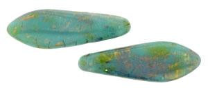 Czechmate 16mm X 5mm X 3mm Dagger Glass Czech Two Hole Bead, Turquoise - Bronze Picasso
