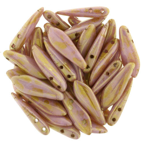 Czechmate 16mm X 5mm X 3mm Dagger Glass Czech Two Hole Bead, Luster Opaque Rose/Gold Topaz - Barrel of Beads