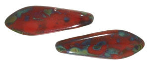 Czechmate 16mm X 5mm X 3mm Dagger Glass Czech Two Hole Bead, Opaque Red Picasso - Barrel of Beads