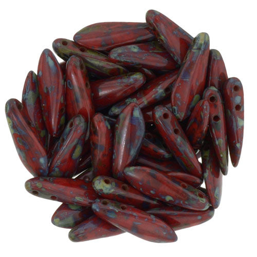 Czechmate 16mm X 5mm X 3mm Dagger Glass Czech Two Hole Bead, Opaque Red Picasso - Barrel of Beads