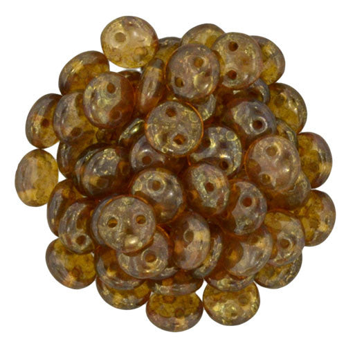 Czechmate 6mm Lentil Glass Czech Two Hole Bead, Luster Transparent Gold/Sm.Topaz - Barrel of Beads