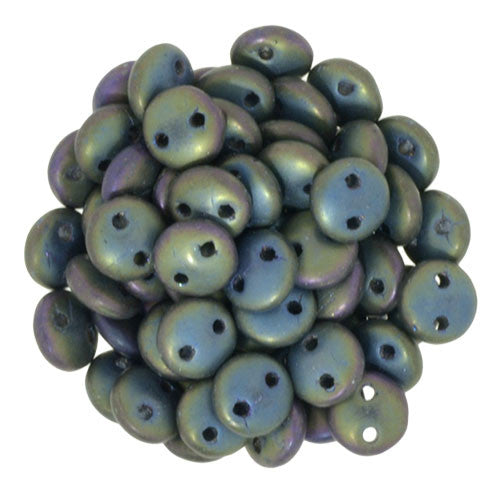 Czechmate 6mm Lentil Glass Czech Two Hole Bead, Matte Iris Green - Barrel of Beads