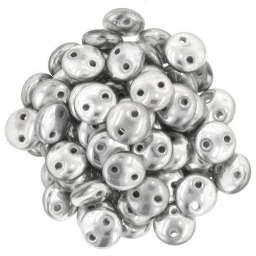 Czechmate 6mm Lentil Glass Czech Two Hole Bead, Silver - Barrel of Beads