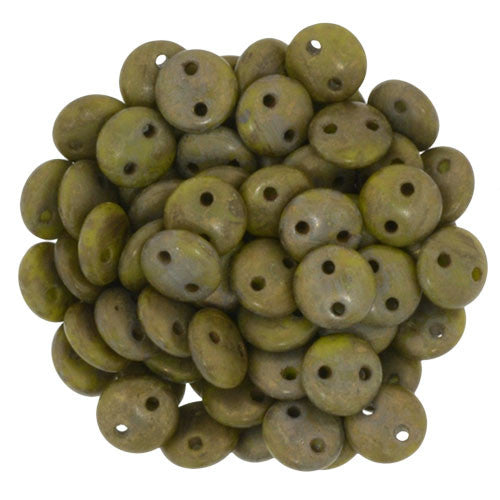 Czechmate 6mm Lentil Glass Czech Two Hole Bead, Chartreuse/Copper Picasso - Barrel of Beads