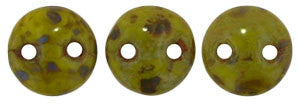 Czechmate 6mm Lentil Glass Czech Two Hole Bead, Opaque Olive Picasso - Barrel of Beads