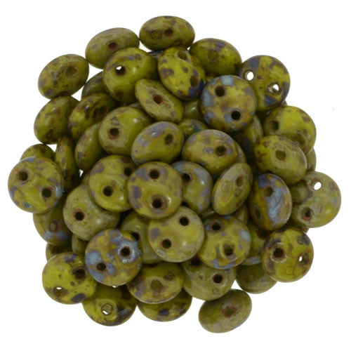 Czechmate 6mm Lentil Glass Czech Two Hole Bead, Opaque Olive Picasso - Barrel of Beads