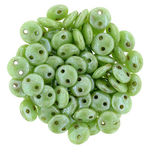 Czechmate 6mm Lentil Glass Czech Two Hole Bead, Honeydew - Luster Picasso - Barrel of Beads