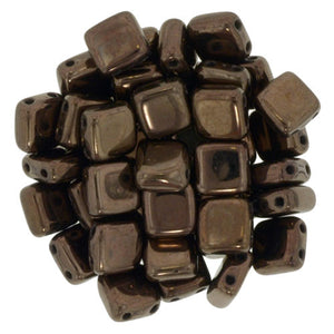 Czechmate 6mm Square Glass Czech Two Hole Tile Bead, Dark Bronze - Barrel of Beads