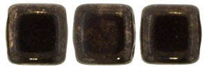 Czechmate 6mm Square Glass Czech Two Hole Tile Bead, Jet Marbled Dark Bronze - Barrel of Beads