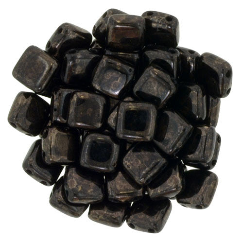 Czechmate 6mm Square Glass Czech Two Hole Tile Bead, Jet Marbled Dark Bronze - Barrel of Beads